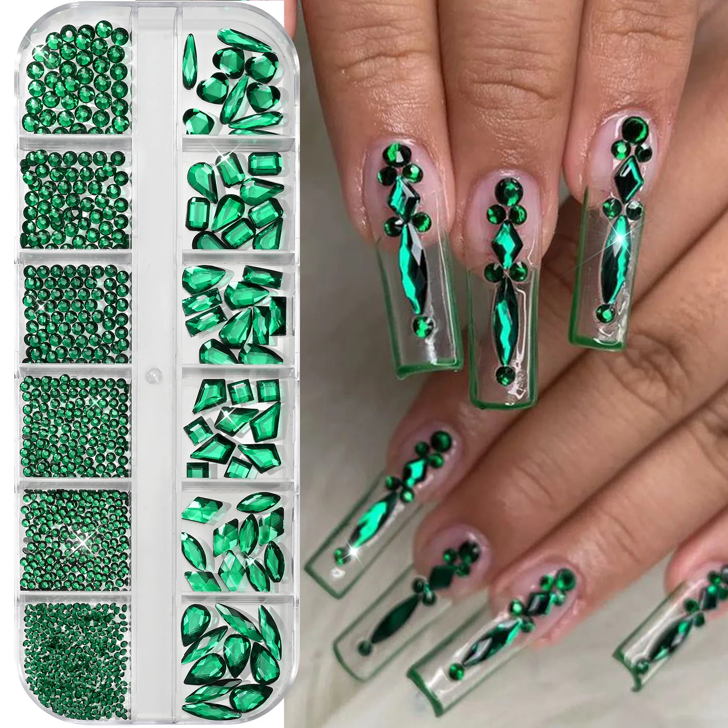 Nail Art Emerald Green - 12 Gitter 3D Smaragdgrüne Nagelrhinesteine Gemischte