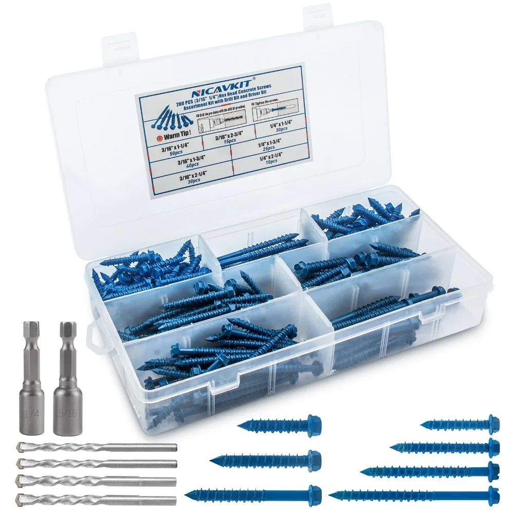 200pcs Concrete Screws with Drill Bit Hexagonal Washer Slotted Blue Cement Diamond Tail Screws +Sockets +Drill Bits 3/16'' 1/4''