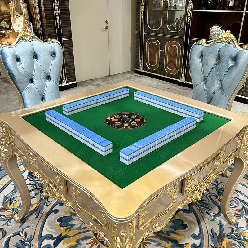 French luxury solid wood mahjong table and chair combination, European court champagne engraving chess and card table