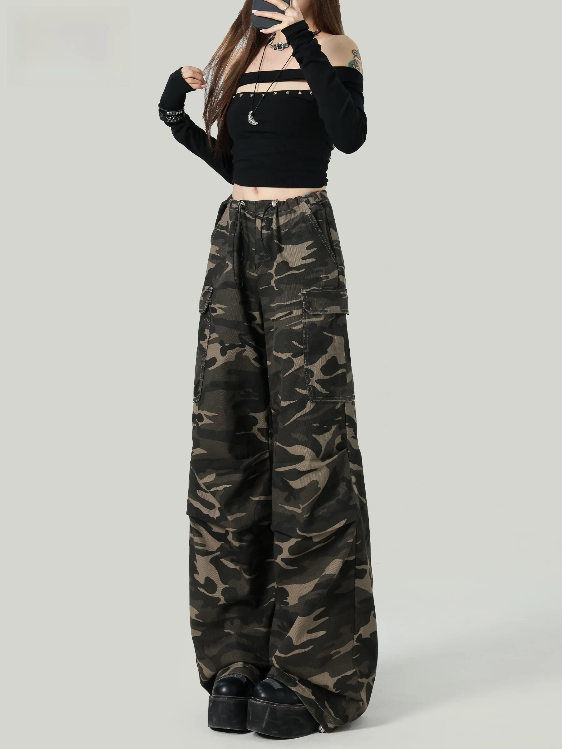 

American Style High Waist Loose Fit Camouflage Work Pants Women's Autumn New Design Casual Trousers with Drawstring