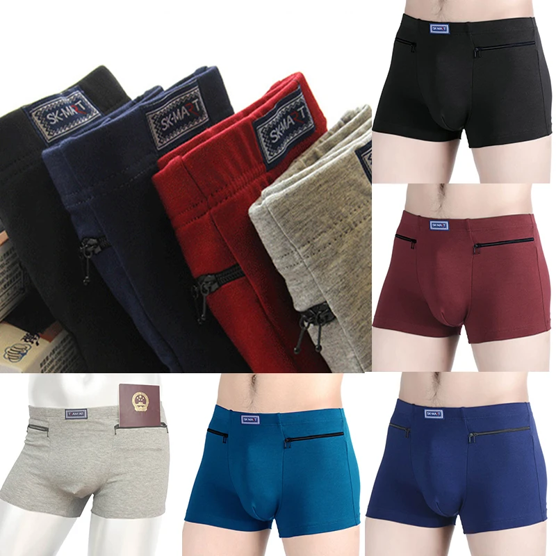 Men\'s Pockets Underwear Anti-Theft Briefs Boxer Panties Two Zippers Pockets Cotton Underpants Male Boxers Briefs Booty Shorts