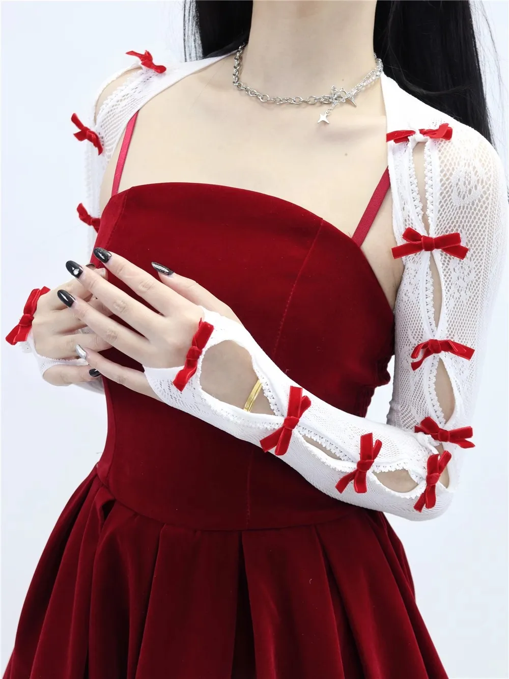 Cute One-piece Lace Bow Sleeves Shawl Arm Warmer Lolita Sweet Jk Mesh Flock Oversleeve Sunscreen Fingerless Long Gloves Women