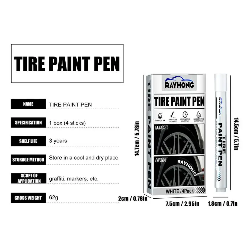 Stylo de peinture blanche pour pneus de voiture, parc de graffiti, peinture de pneu automobile, marqueur en continu pour bois de voiture, ne se décolore pas, 4 pièces par ensemble