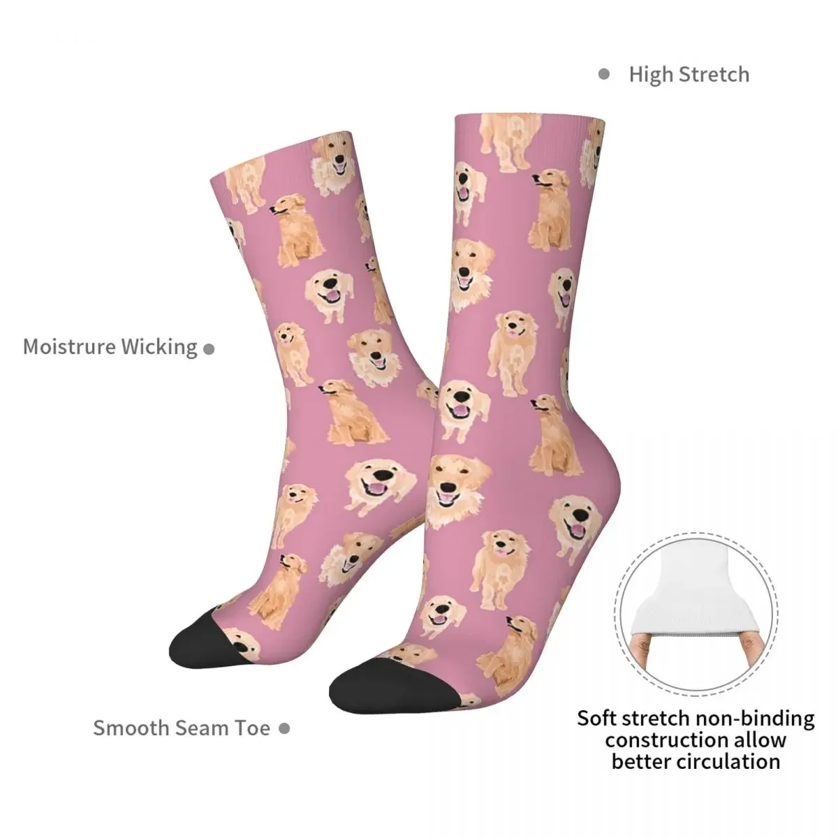 Golden Retrievers On Pink Socks Harajuku Super Soft Stockings All Season Long Socks Accessories for Unisex Gifts