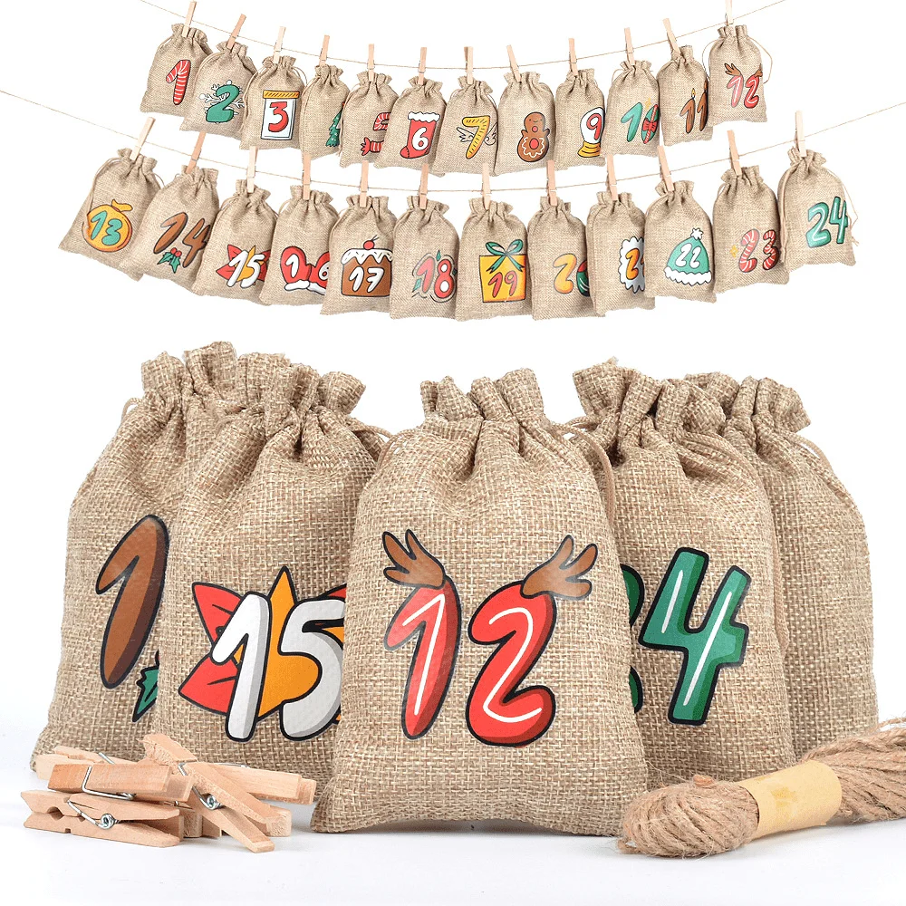 Advent Calendar Gift - 24日間のクリスマスカウントダウンアドベントカレンダー、番号付き麻製巾着袋付き - お菓子、キャンディー、ミニギフト用のホリデーポーチ