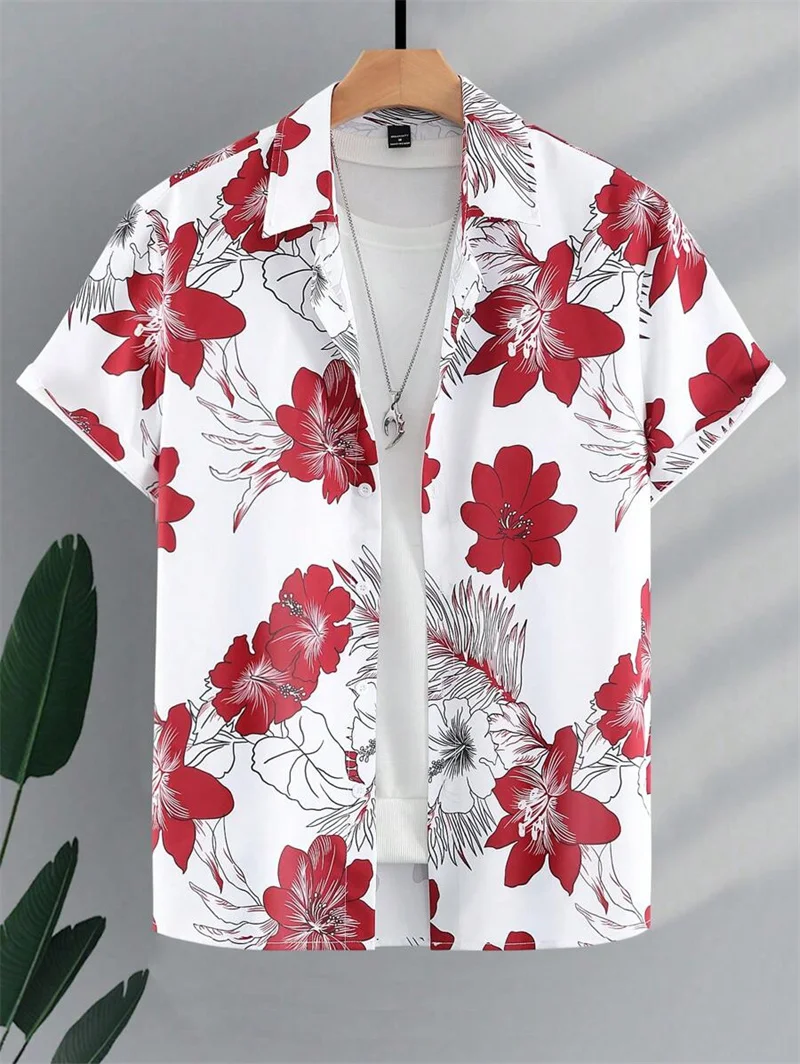 

Flower print men summer fashion simple short sleeve button down casual lapel shirt, stylish and versatile, suitable for vacation