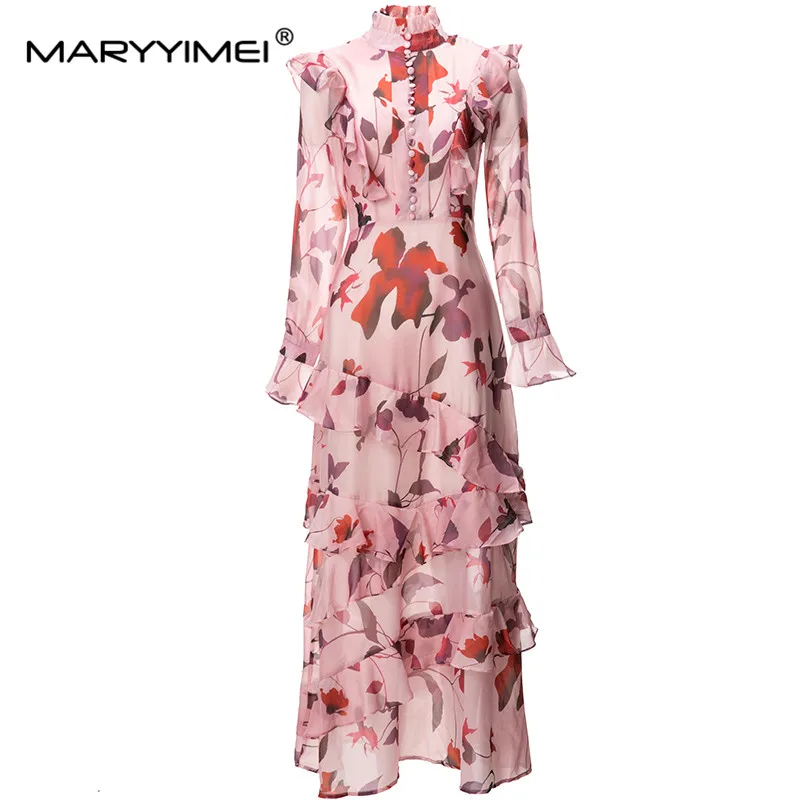 

MARYYIMEI Fashion Spring Women's Dress Half high collar Ruffles Long sleeved Print Elegant Vacation Slim Dresses