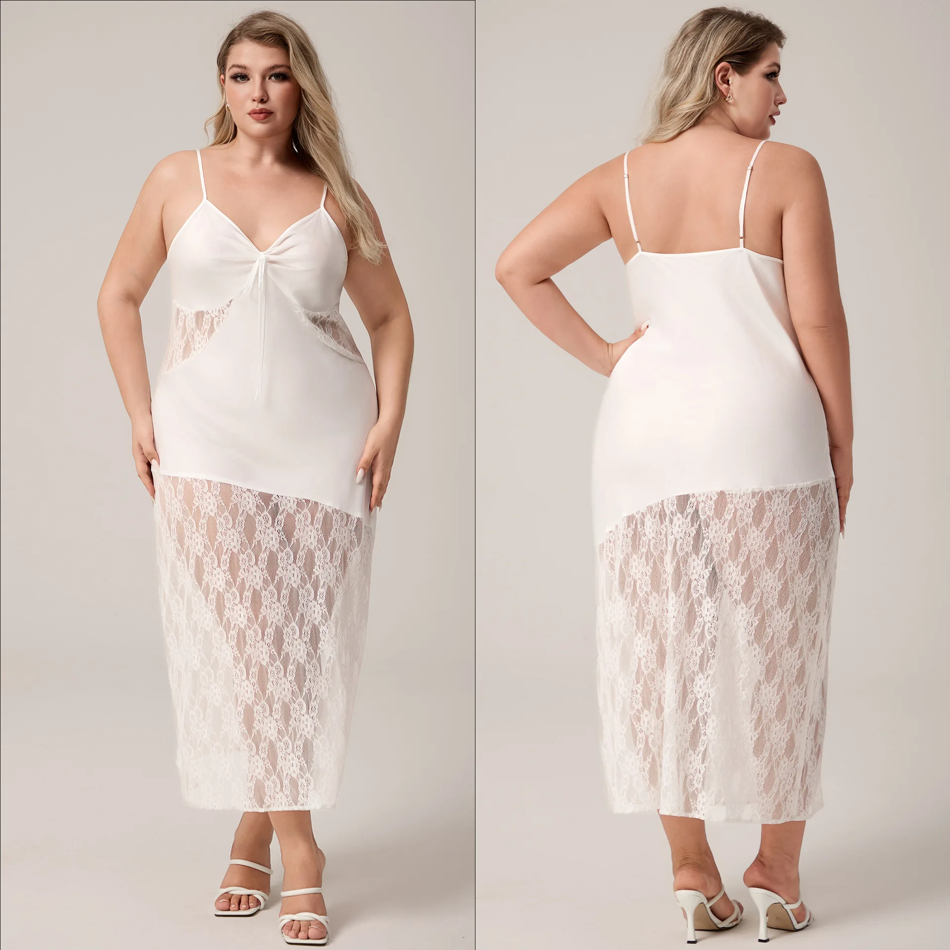 

Large Size 5XL White Lace Patchwork Nightgown Sexy Sleeveless Women Sleepwear Home Dressing Gown Summer Ice Silk Nighty