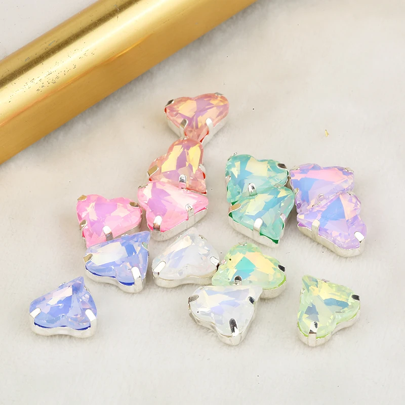 RESEN 12x13mm 30pcs Crooked Heart Sew On Crystal Stone Sliver Claw Setting Glass Mocha Opal Rhinestone for DIY Sewing Garment