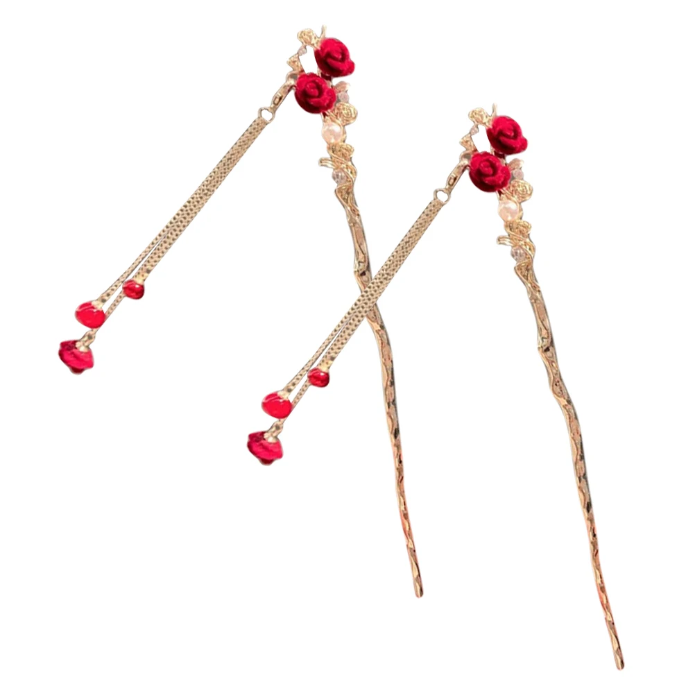 

2pcs Rose Hair Chopsticks Vintage Flower Bun Accessories for Women Girls Red Alloy Hairpins Hair Tools Stylish Sticks