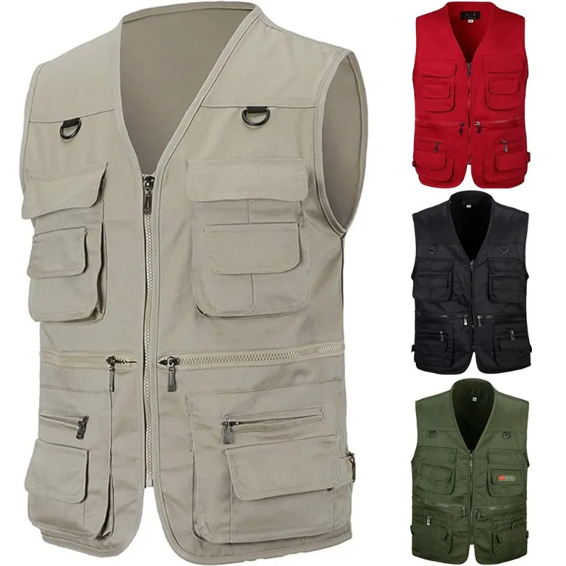 Mens Fishing Photography Multi-Pocket Vest Outdoor Tactical Mountaineering Sports Vest Solid Color Breathable Sleeveless Jacket