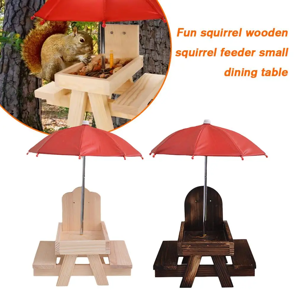 Wooden Squirrel Feeder Outdoor Courtyard Garden Decoration Creative Pet Picnic 18cm Stool Mini Table With Umbrella Pendant X9A6