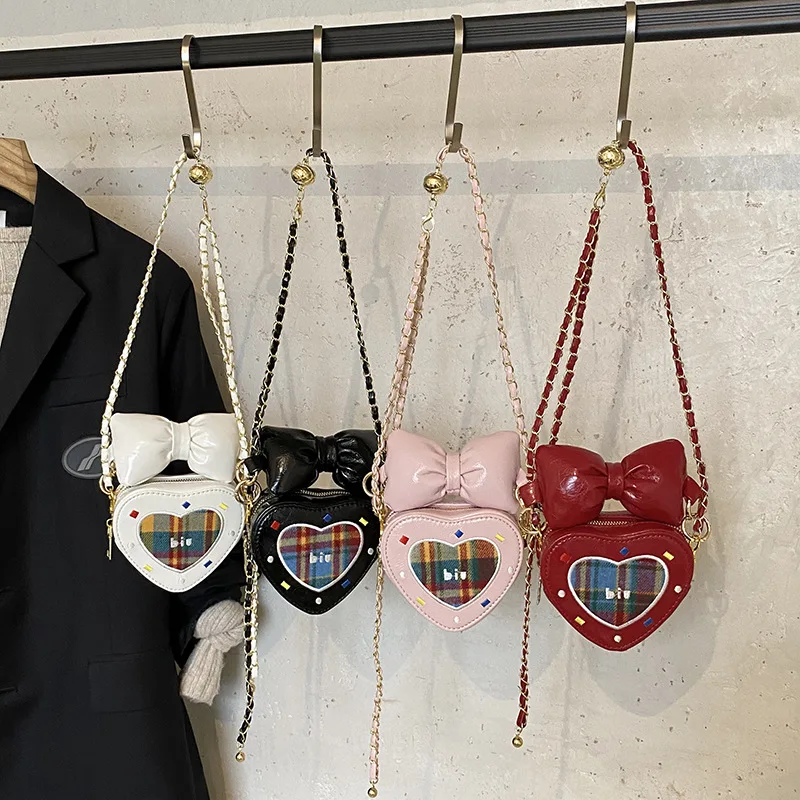 Women Fashion Commuter Single Shoulder Crossbody Bag Heart shaped Crossbody Bag Heart Handbag Girls Bowknots Decor Shoulder Bag