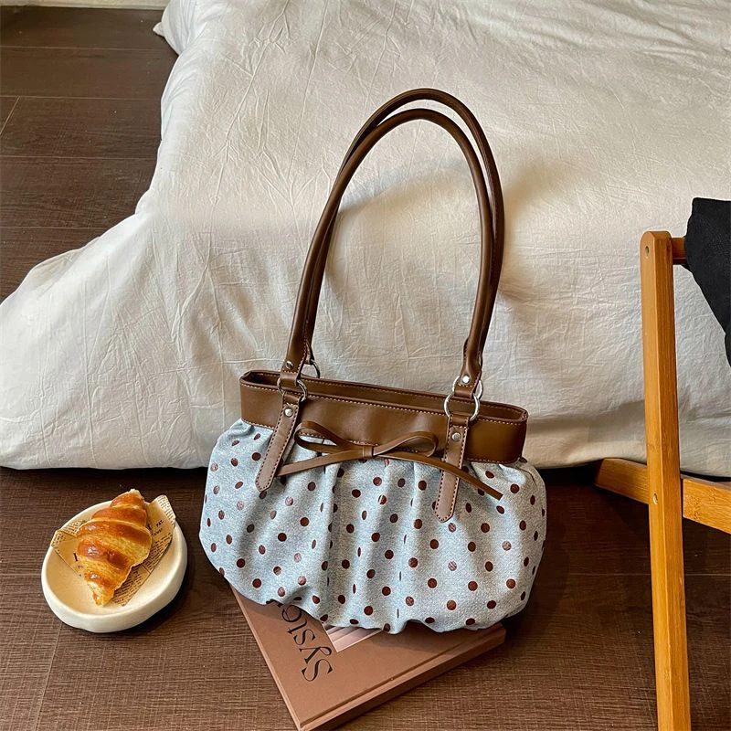 Koreanische Polka-Dot-Schleifenknoten-Patchwork-Hobo-Unterarmtasche, Damenhandtasche, vielseitige leichte Pendler-Tragetasche, lässig-schicke Tasche – Detail 3