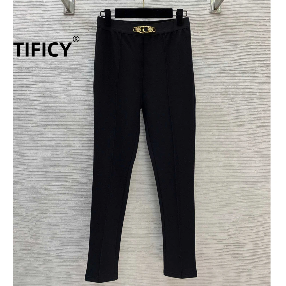

High Street Pant Legging Women's High Waisted Irregular Diamond Buckle Accessory Decoration Leggings Boots Leggings