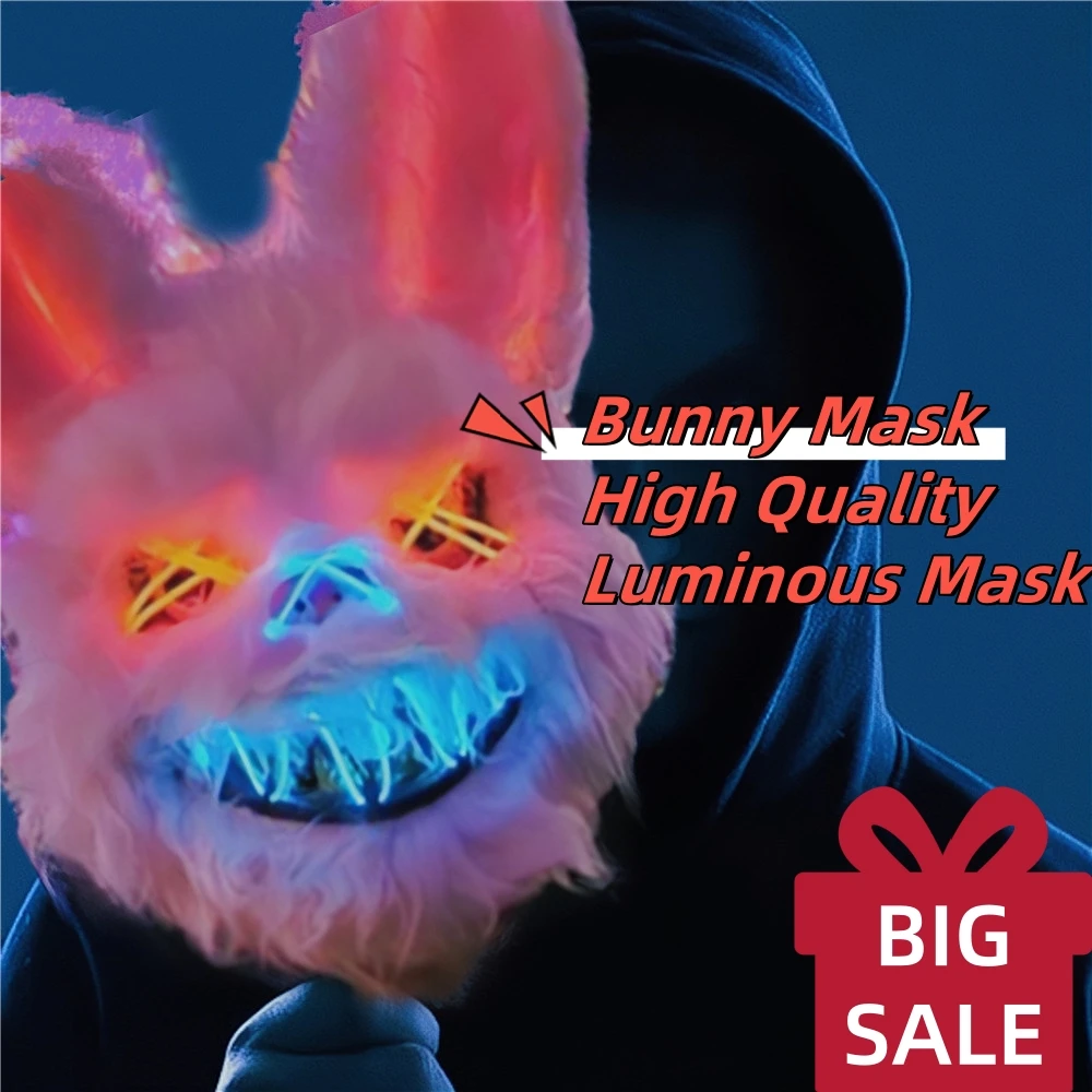 1/3Pc Halloween LED Glowing Cosplay Bunny Face Mask Scary Mask Neon Horror Rabbit Mask   Christmas Masquerade Dance Party Props