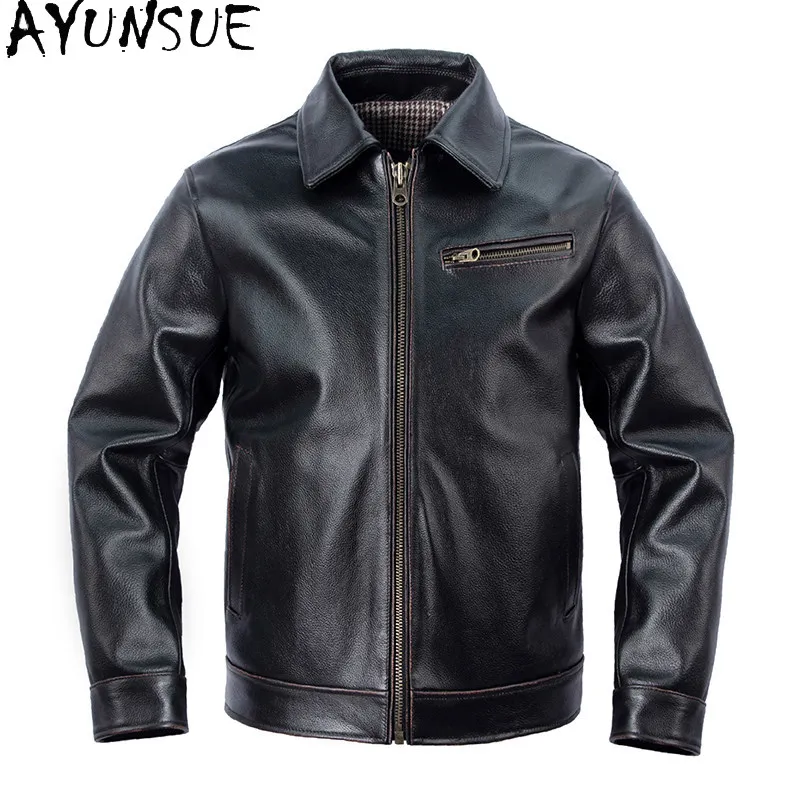 AYUNSUE 100% Genuine Cowhide Men Leather Jacket Classic Workwear Casual High Quality Pure Leather Coat Man Clothes veste homme