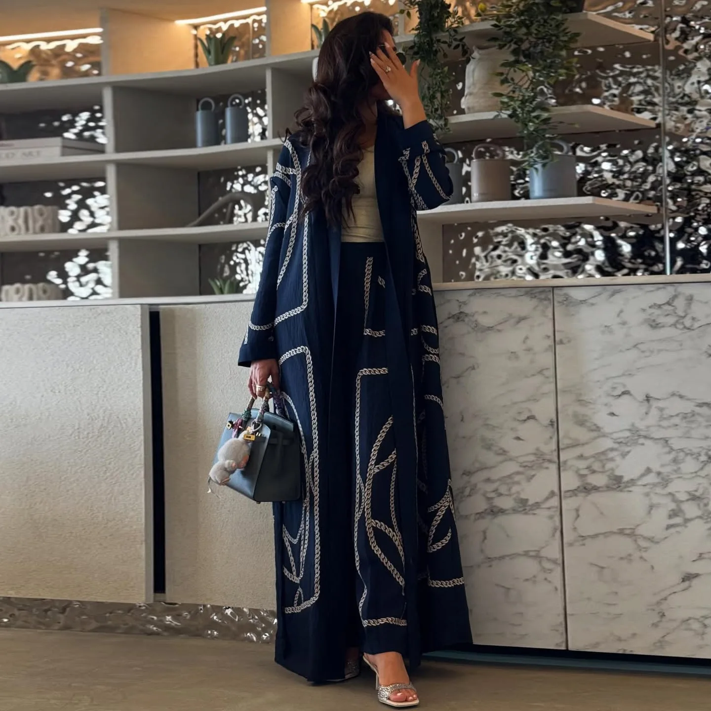 Benutzerdefinierte neueste Abaya muslimische bescheidene Kleider 2-teiliges Hosen-Set Langarm offene Abaya Türkei Druck Abaya Frauen muslimisches Kleid