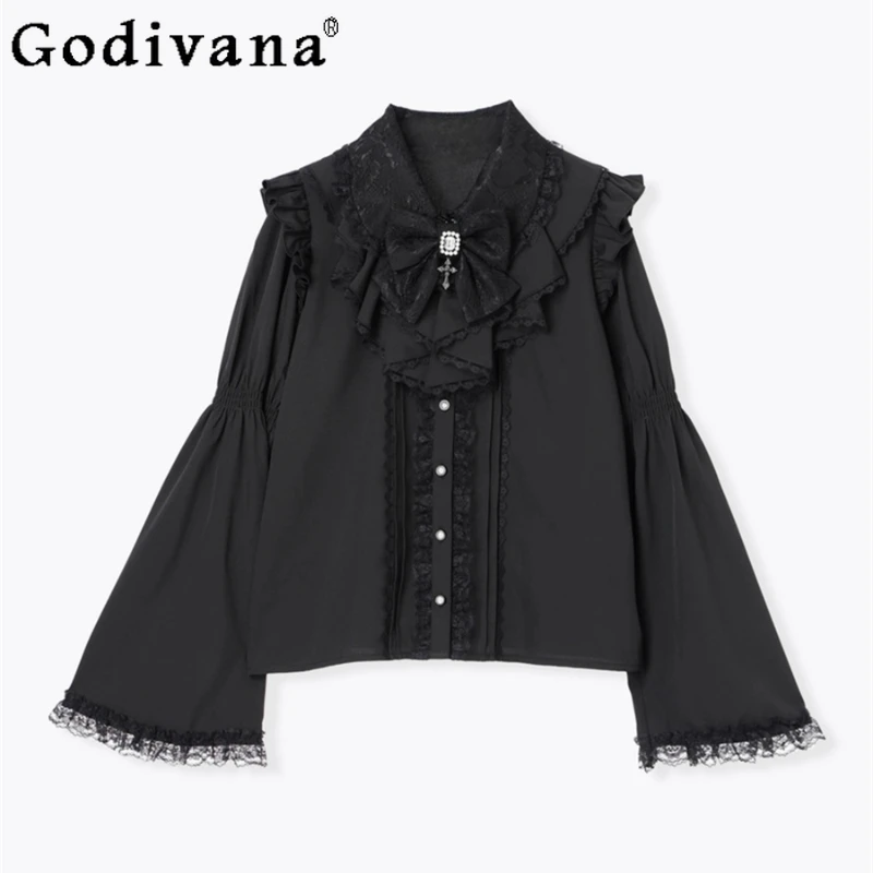 

Японская черная готическая рубашка с длинными рукавами массового производства, новые весенне-осенние женские облегающие блузки с милым бантом и кружевными расклешенными рукавами
