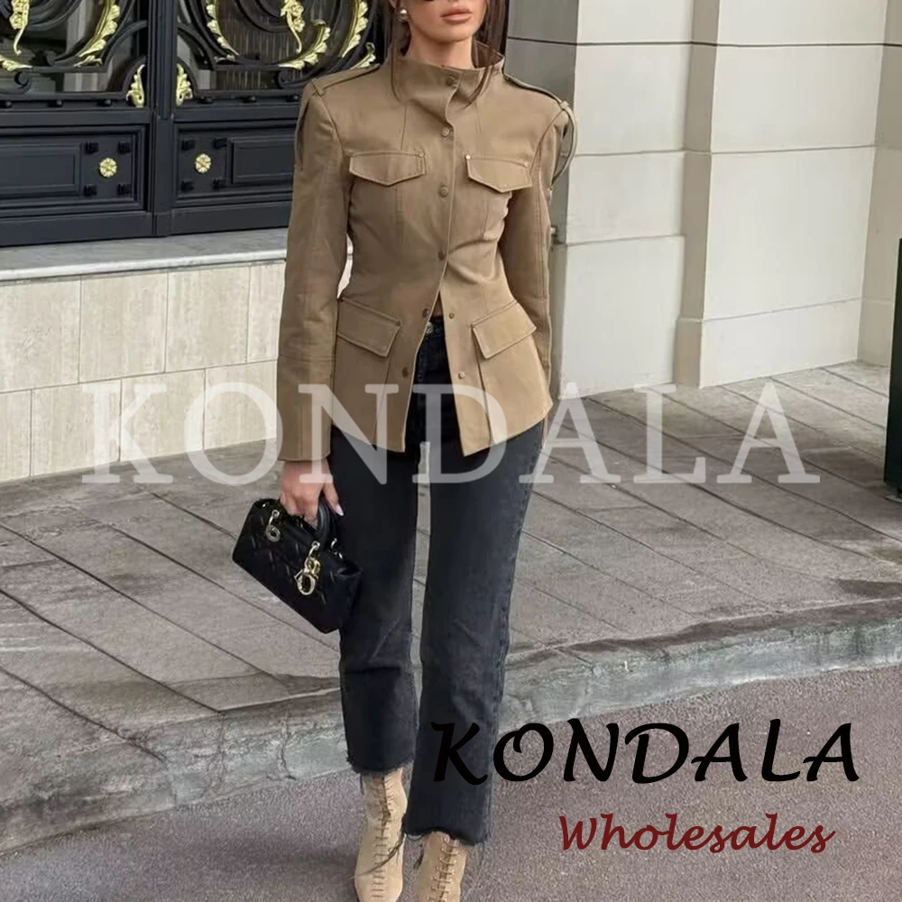 

KONDALA Chic 2026 Woman Spring Office Lady Solid Khaki Blazer Single Breasted Slim Jackets Pockets Elegant Fashion Female Blazer