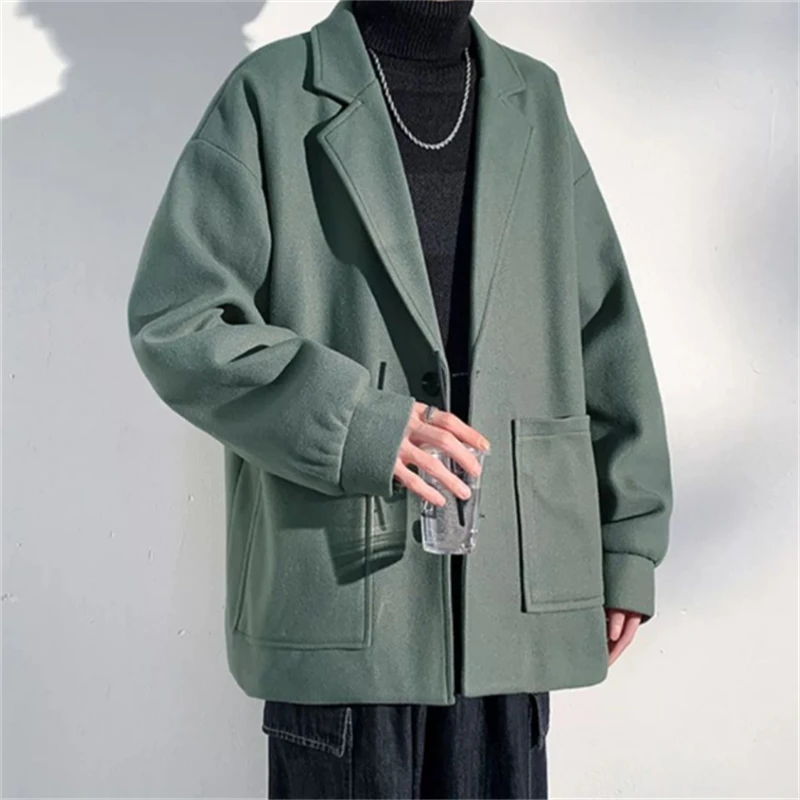 

Autumn and Winter Men's Woolen Coat Casual Single Breasted Overcoat Turn Down Collar Coats