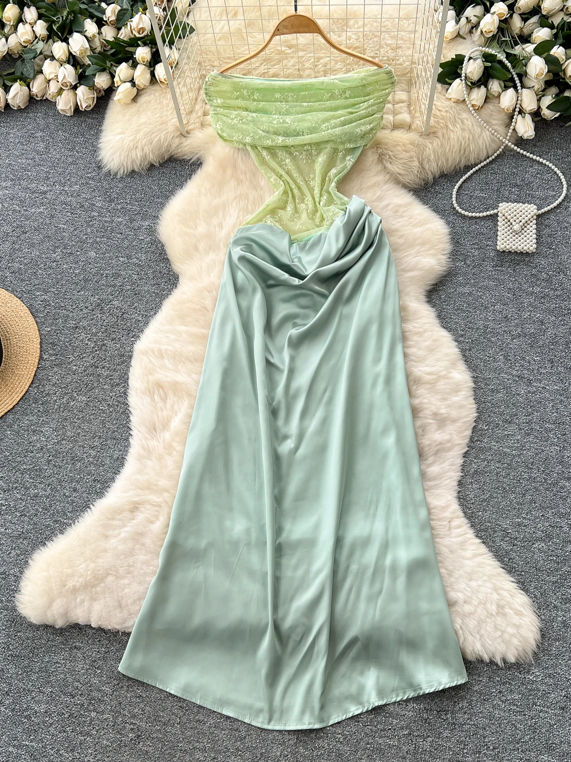 Pure Desire Girl One oulder Dr Summer Me Slim Fit Satin Feel Splice Design Ele Long Dr Korean Sle عالي الخصر... #1