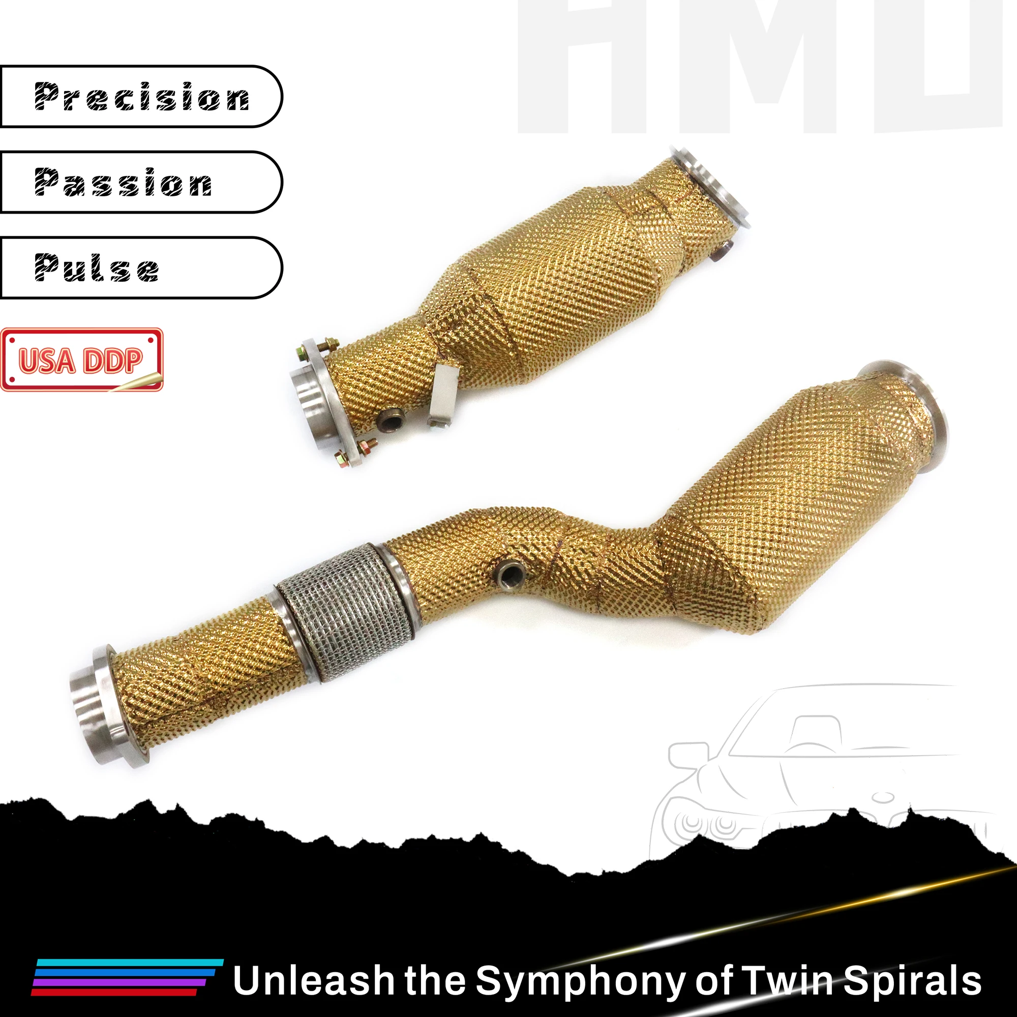 

Высококачественная водосточная труба HMD для прецизионного катализатора BMW M3 M4 G8X SS304 15% быстрая выхлопная труба, золотая теплоизоляция