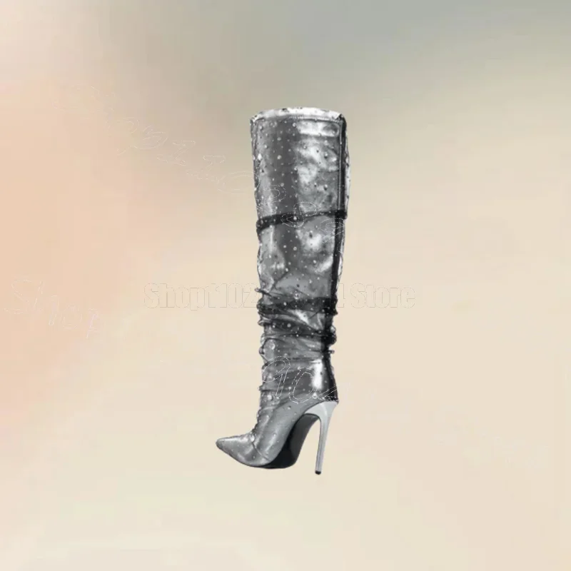 

Silver Rhinestone Mesh Pointy Toe Runway Boots Slip On Women Shoes Thin High Heels Party Banquet Dating 2026 Zapatos Para Mujere