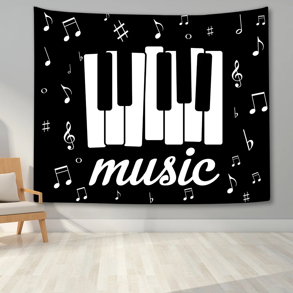 Black and White Piano Keys Tapestry Musical Note Wall Hanging Cloth Music Symbol Home Bedroom Living Room Decor Wall Blanket