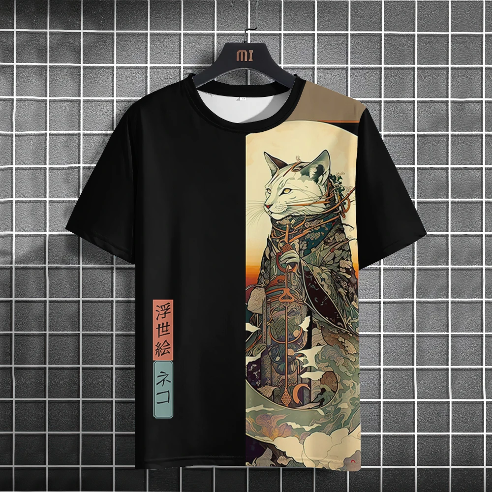 Ukiyo-E Animal Print Men\'s T-Shirt Summer Short Sleeve T-Shirt For Men Retro Men Top Casual Man Clothing Loose Oversized Tee Top