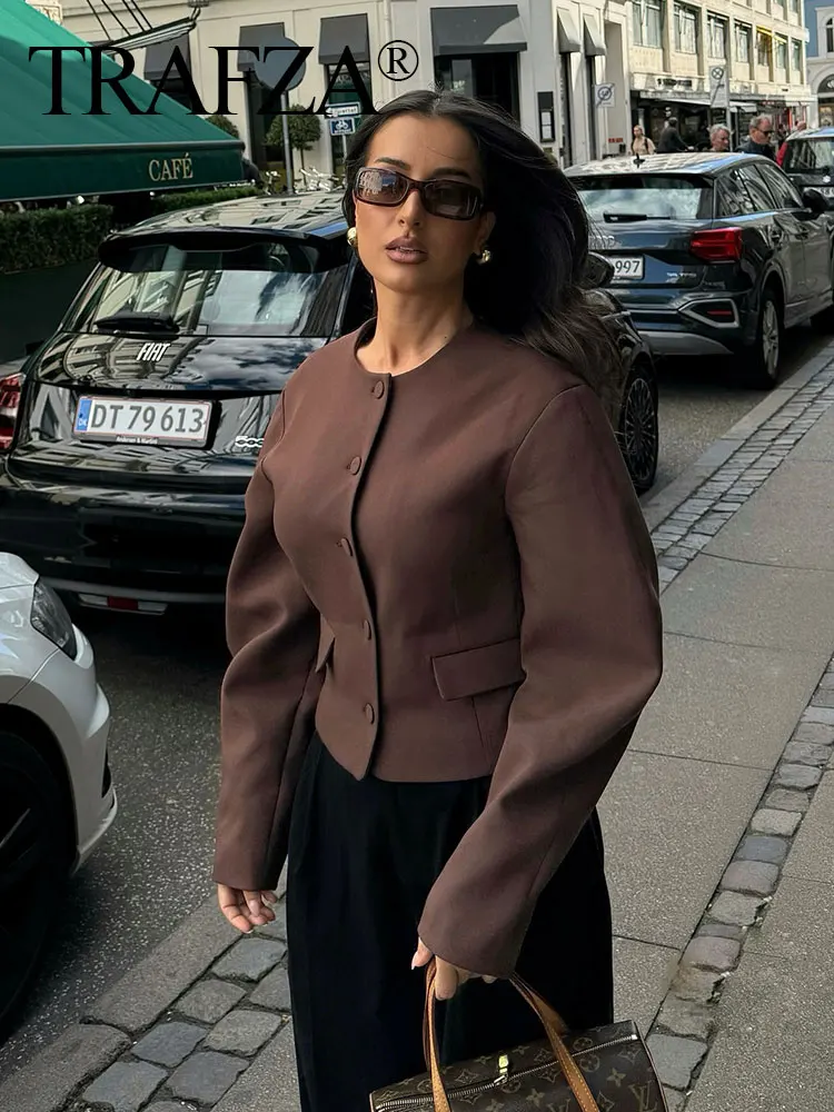 TRAFZA Mini Spódniczka Zestawy Dla Kobiet Vintage Solid O Neck Cropped Blazer Coat Płaszcz Jednorzędowa Kurtka z Długim Rękawem Strój Damski