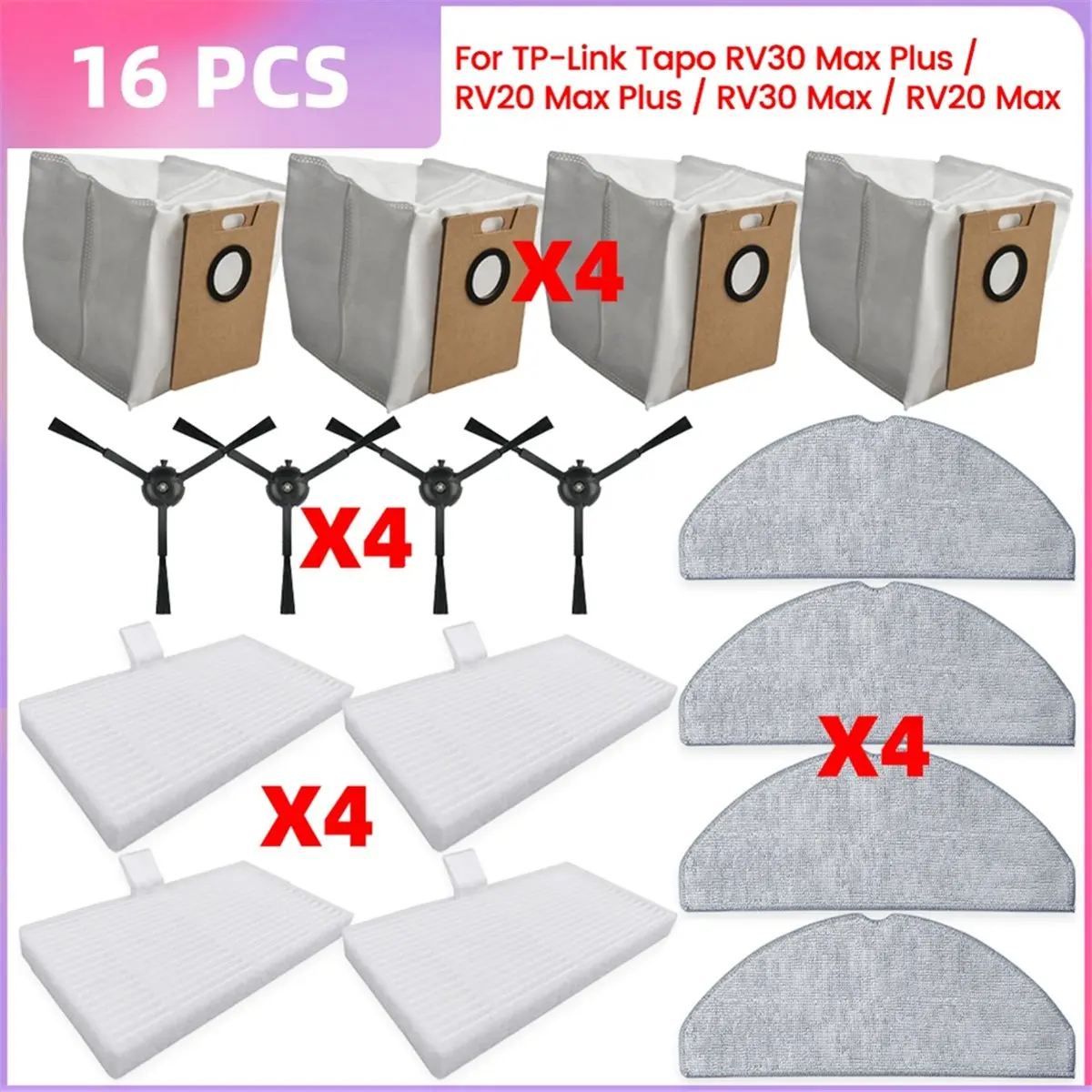 T83C-For RV30 / RV20 / RV30 Max / RV20 Max Parts Dust Bag Hepa Filter Side Brush Mop Cloth