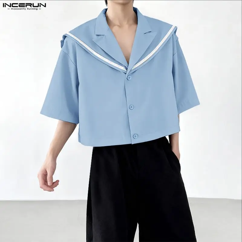 INCERUN Men Shirt Patchwork Navy Collar Short Sleeve Casual Men Clothing 2026 Streetwear Loose Fashion Crop Tops Men Shirts