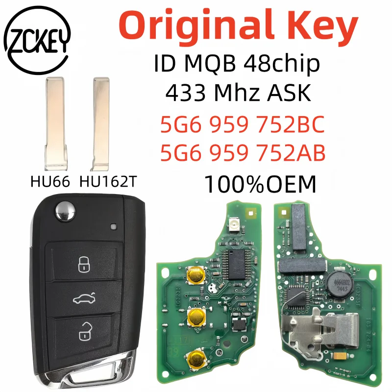 ZCKEY оригинальный ключ 433 МГц ASK ID MQB48 чип FCC 5G0 959 752 BC 5G0959752 BA для Volkswagen Golf Polo Toura
