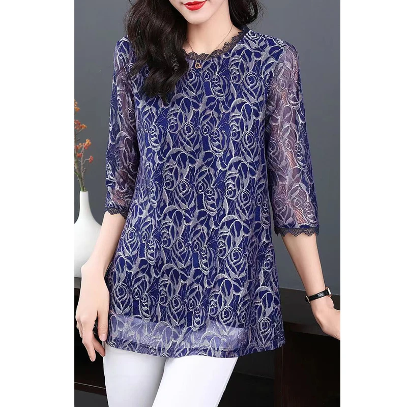 Vintage Elegant Fashion Floral Print Lace Patchwork Tunic Tops Blouses for Women Sexy Sheer Mesh O Neck Loose 3/4 Sleeve Shirts