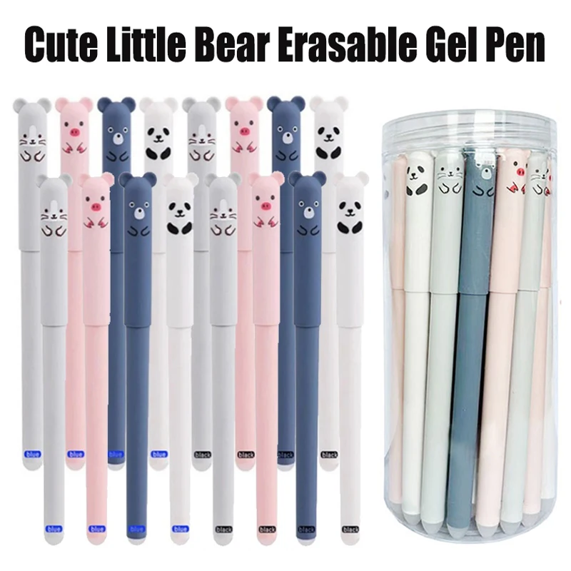 Cute Little Bear Erasable Gel Pen Set with Bottle 0.5mm Black Blue Magic Ink Washable Handle School Office Supplies Stationery