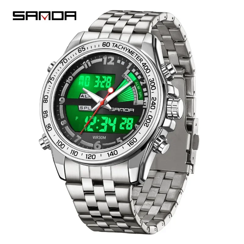 SANDA 3307 Men Watch Fashion Elegant Multifunctional Business Round Electronic Quartz Dual Display Stainless Steel Strap Watches