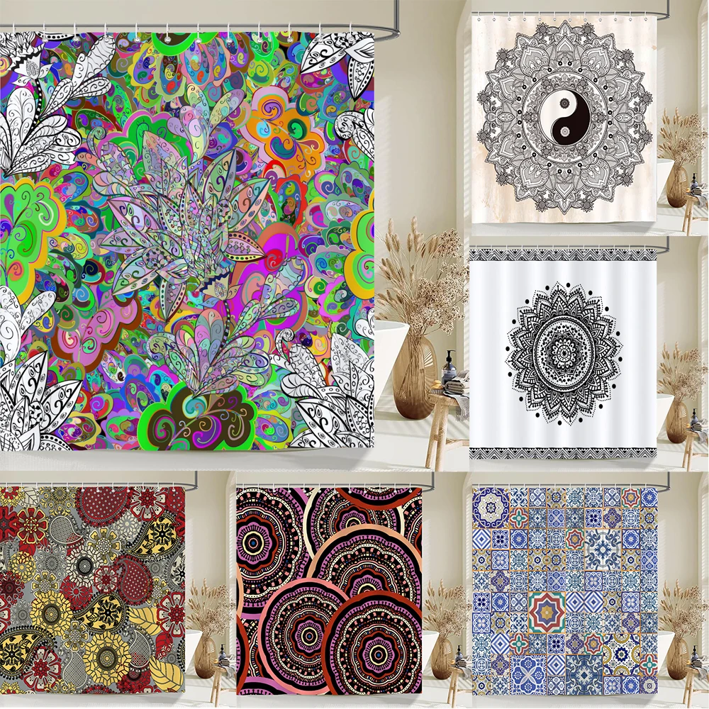 

Indian Bohemian Fabric Shower Curtain Bathroom Curtains Boho Mandala Waterproof Fabric Bath Screen Bathtub Decor with 12 Hooks