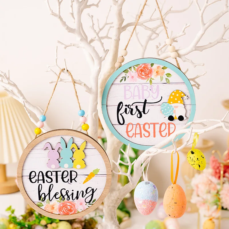 2pcs Easter Party Decorations,Happy Easter Door Sign,Wooden Bunny Door Hanging Sign, Easter Home Decor
