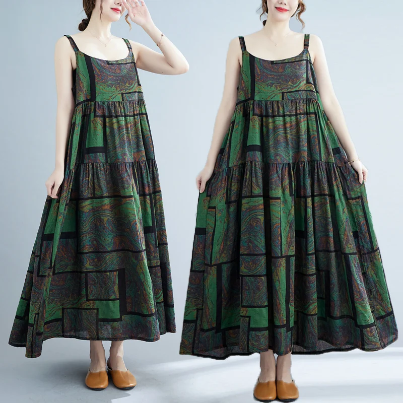

plus Size Floral Print Cotton Linen Casual Women's Skirt Loose Fit A-Line Long Dress Vintage Style Summer 2024 Trend