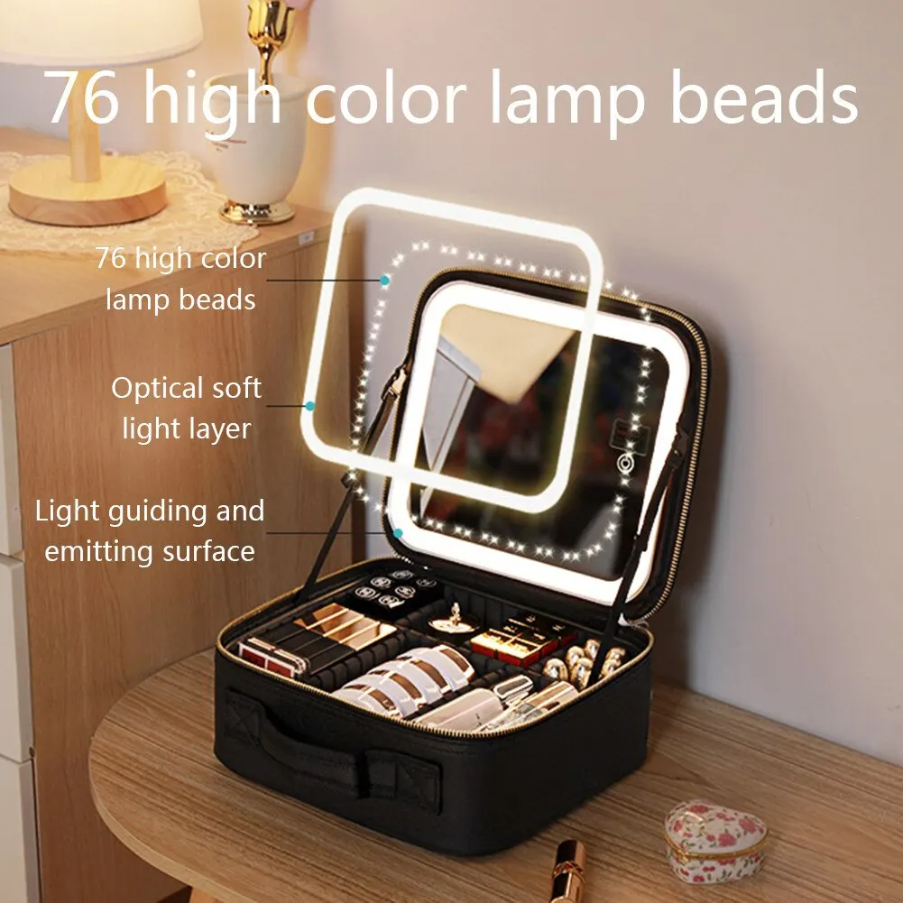 

2023 New Smart LED Makeup Bag With Mirror Large Capacity Compartments Waterproof PU Leather Travel Cosmetic Case For Women