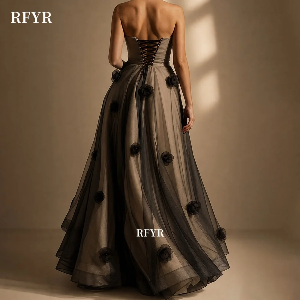 RFYR A Line Prom Dress with 3D Flowers Strapless Evening Dress Illusion Celebrity Gala Dress for Arabic Women Customized
