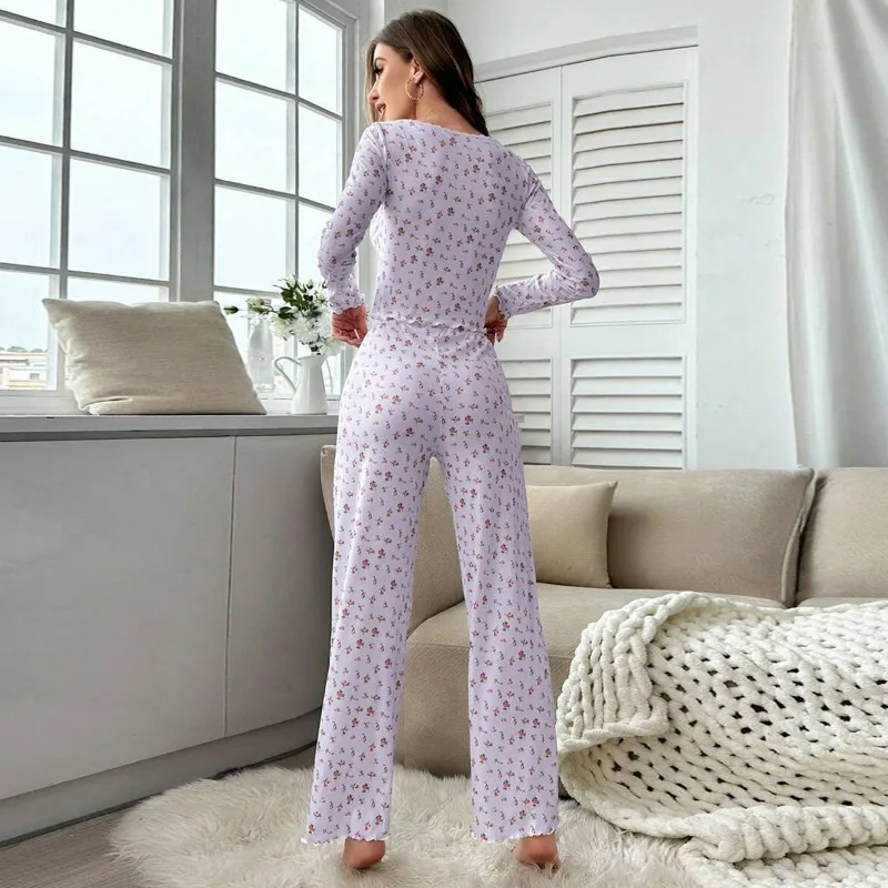 2Pcs/set fancy underwear women\'s homewear lace long-sleeved trousers stretch college students home wearable pajamas for women