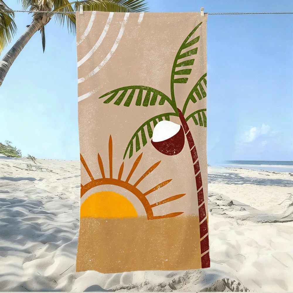 Coconut Tree and Sun Summer Beach Style High-Definition Digital Print Beach Towel, Quick-Drying and Soft, Suitable for Swimming