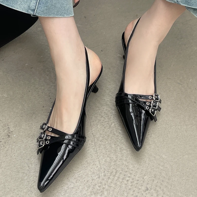 Slingbacks Pumps New Ladies Medium Heels Shoes Female Shallow Fashion Pointed Toe Footwear Women Heeled Shoes Wine Red 2024