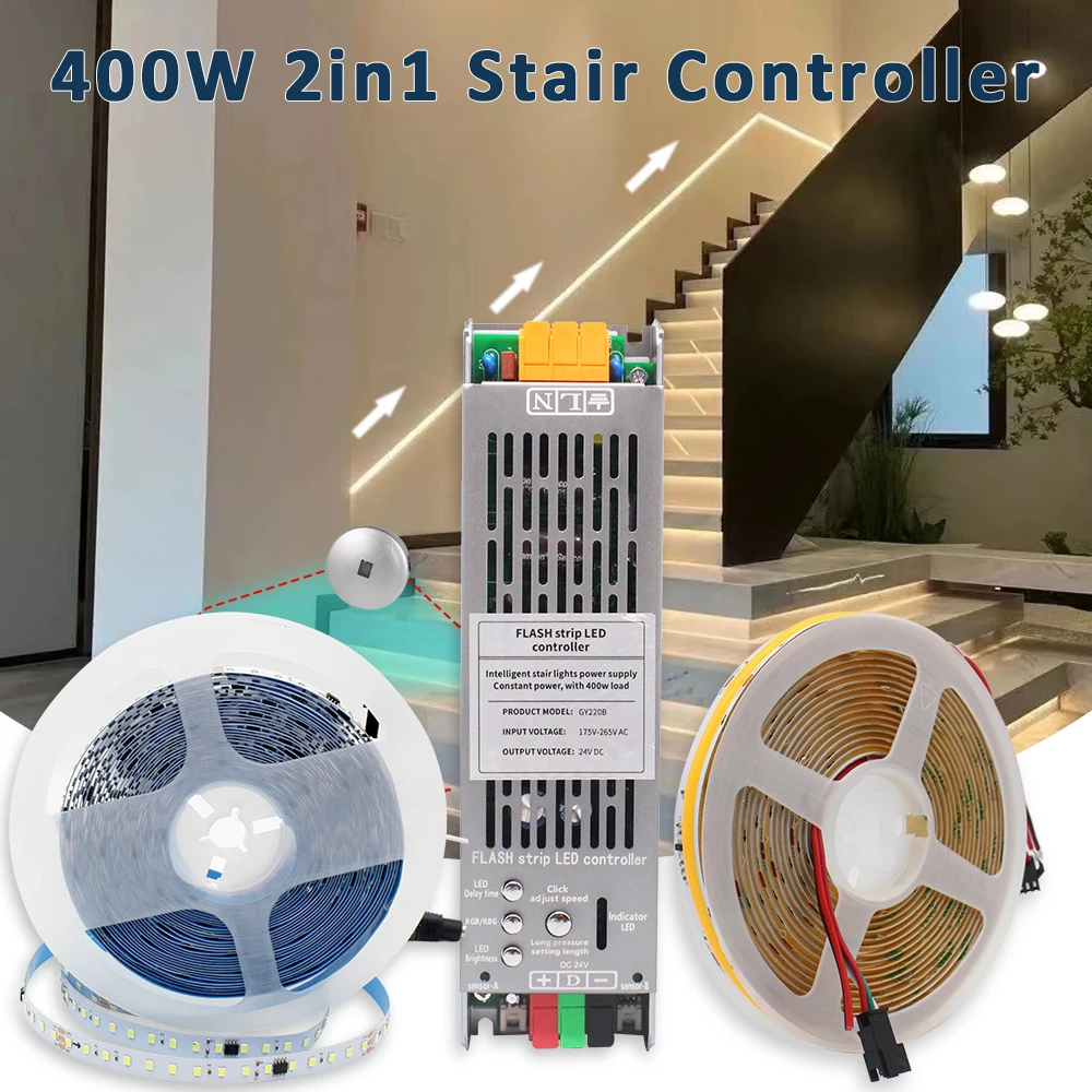 

WS2811 Running Water Flow LED Strip Light 5M 10M SMD 2835 COB Tape for 24V 400W Stair Light Controller with PIR Motion Sensor