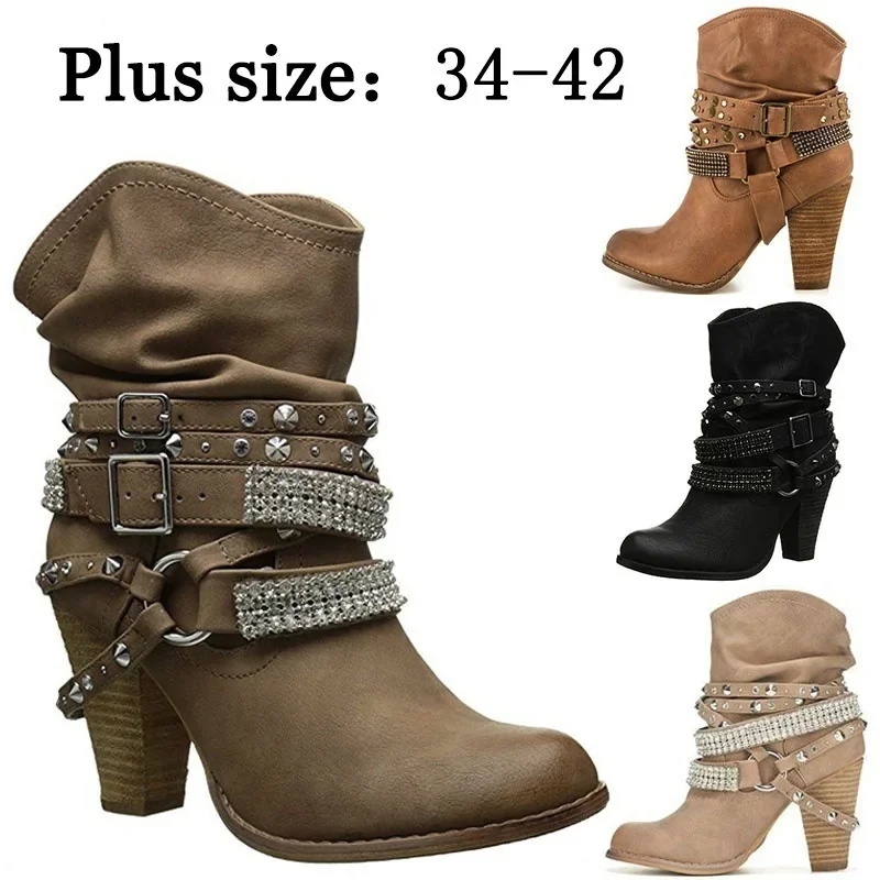 Autumn Winter New Women Mid-Calf Boots Rivet Metal Decoration PU Square Heel Belt Pleated Sexy Plus Size 36-43 Women Shoes