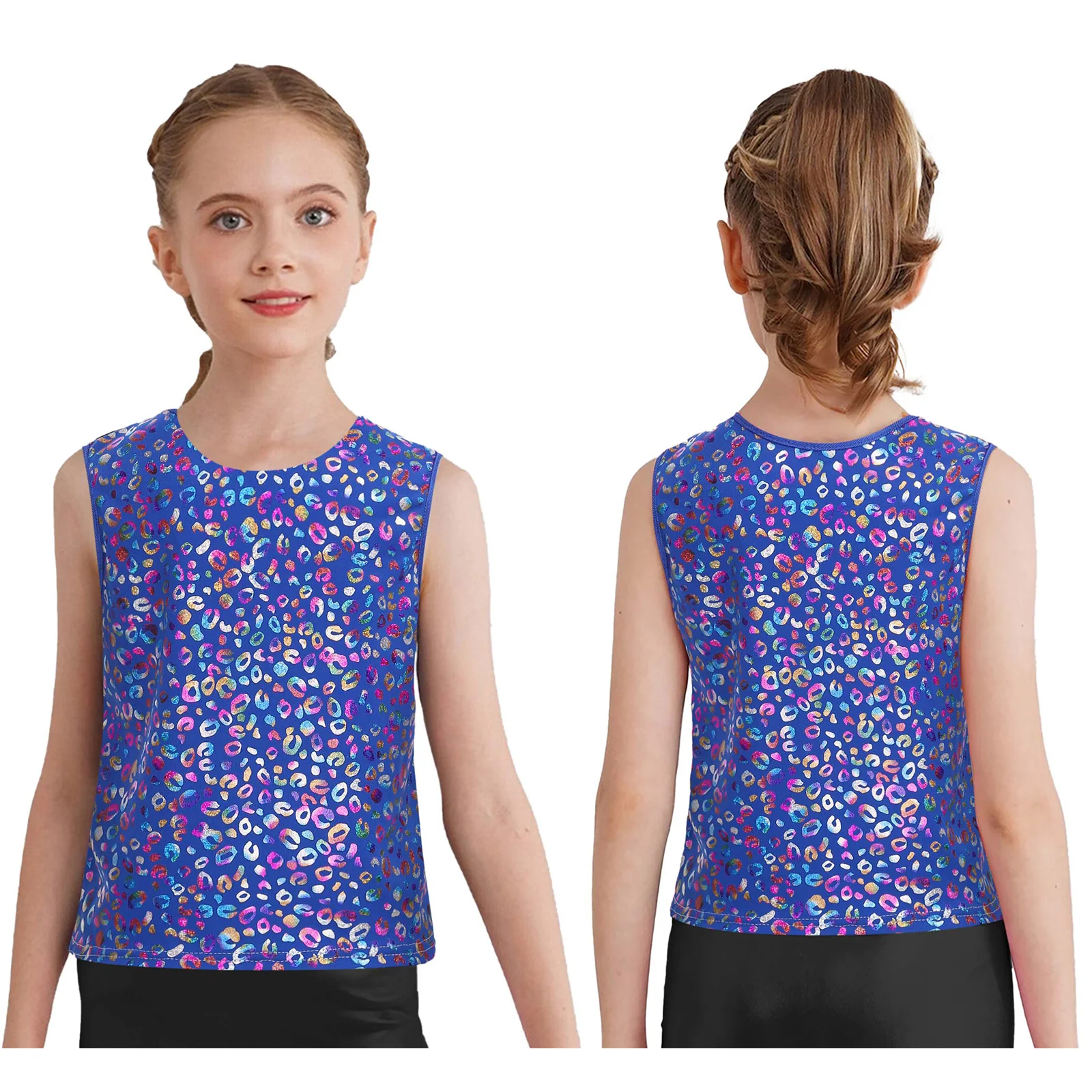 

Металлический топ-майка с леопардовым принтом для девочек и мальчиков, без рукавов, с круглым вырезом, для джазовых танцев, школьных выступлений, костюм для чирлидинга