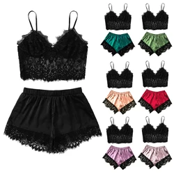 1Set Women's Pajama Sets Fashion Casual Nightwear Female Lace V-Neck Pyjamas Sleeveless Lace Top and Shorts Sets Sleepwear