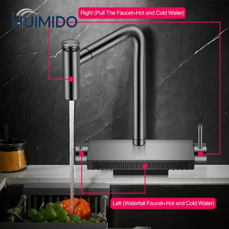 Brass Waterfall Faucet Hot And Cold Water Kitchen Faucet Dual Holder Switch Pull Out 360 Degree Kitchen Mixer Tap